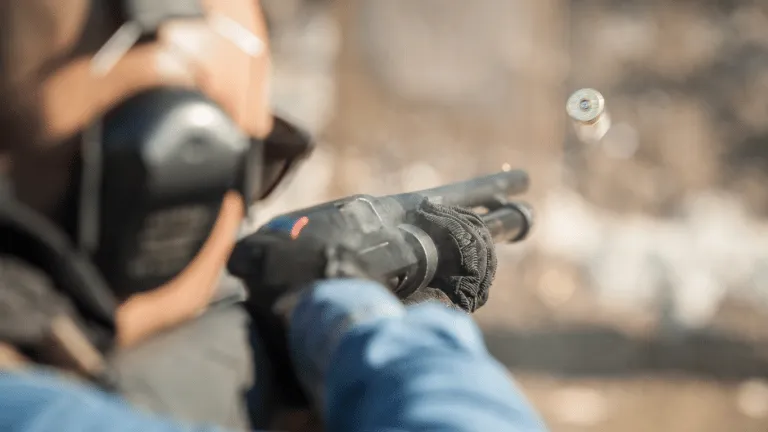 A blurred image of a man wearing shooting gloves, firing a shotgun down range.