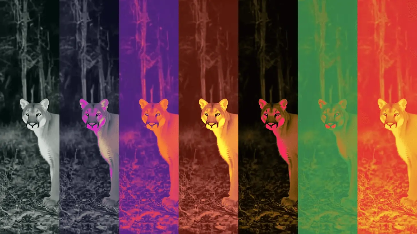 Thermal imaging view of a mountain lion displayed in multiple color palettes as seen through night vision monoculars.