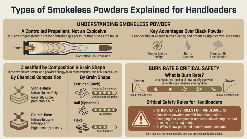 Infographic explaining types of smokeless powder by composition, grain shape, and burn rate for handloaders.