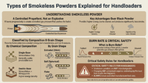 Infographic explaining types of smokeless powder by composition, grain shape, and burn rate for handloaders.