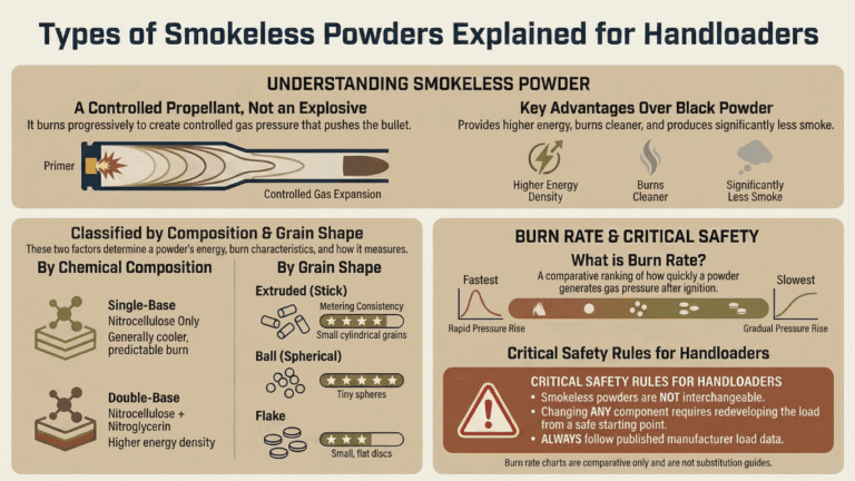 Infographic explaining types of smokeless powder by composition, grain shape, and burn rate for handloaders.