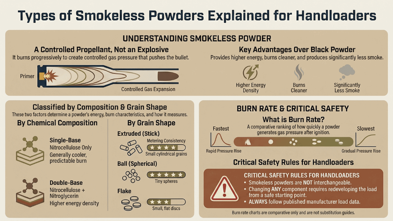 Infographic explaining types of smokeless powder by composition, grain shape, and burn rate for handloaders.